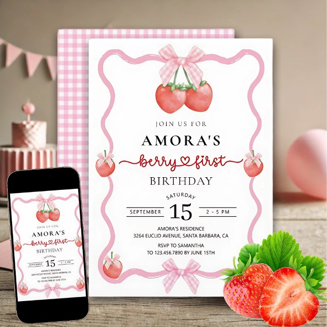 Pink Gingham Berry First Birthday Party Invitation (Creator Uploaded)