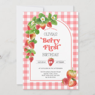 Pink Gingham Berry First Strawberry 1st Birthday Invitation