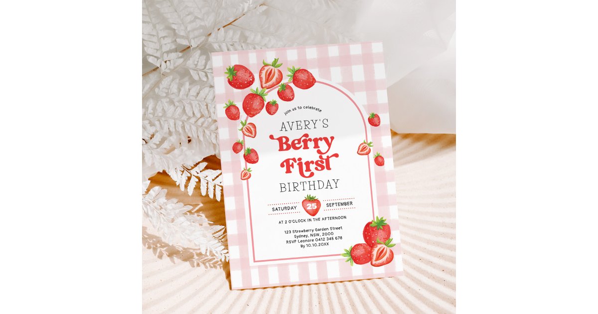 Pink Gingham Berry First Strawberry 1st Birthday Invitation | Zazzle