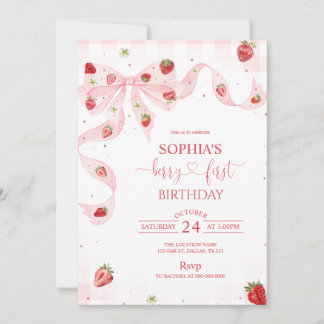 Pink Gingham Berry First Strawberry 1st Birthday Invitation