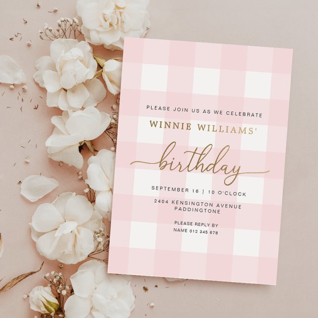 Pink Gingham Birthday Gold Foil Invitation (Birthday Invitation )