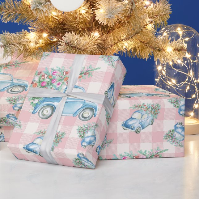 Pink Gingham Blue Christmas Vintage Car Wrapping Paper (Holidays)
