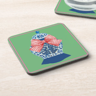 Pink Gingham Blue Ginger Jar Coaster