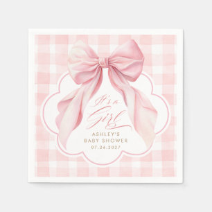 Pink Gingham Blush Bow Girl Baby Shower Napkin