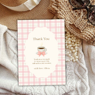 Pink Gingham Bonjour Cafe Bébé Coffee Baby shower Thank You Card
