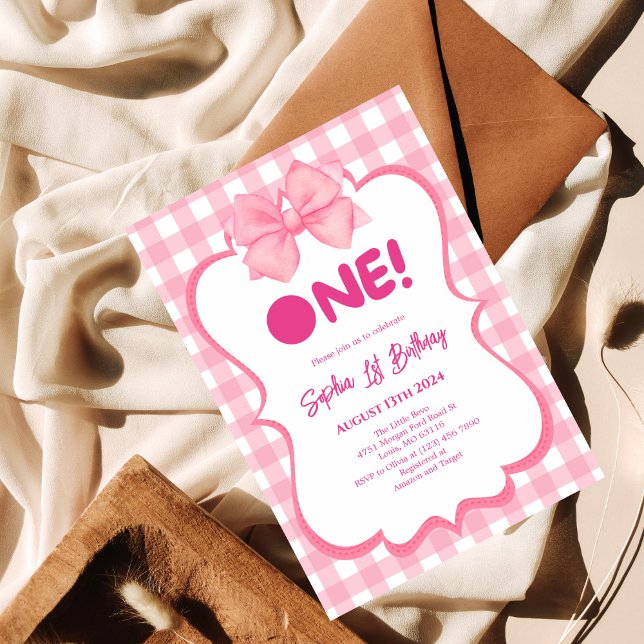 Pink Gingham Bow 1st Birthday Invitation (Creator Uploaded)