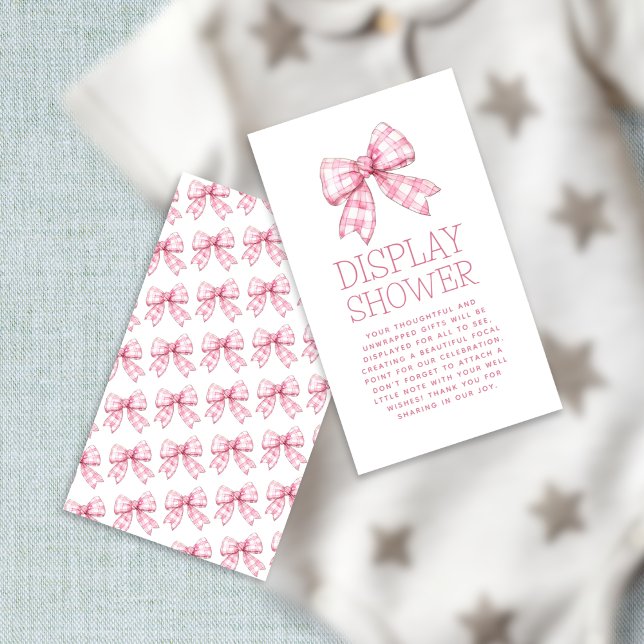 Pink Gingham Bow Baby Display Shower Enclosure Card (front and back view)