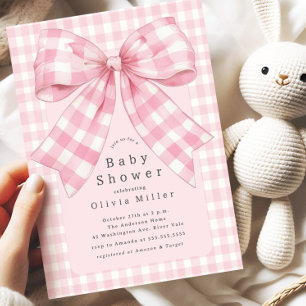 Pink Gingham Bow Baby Shower Invitation
