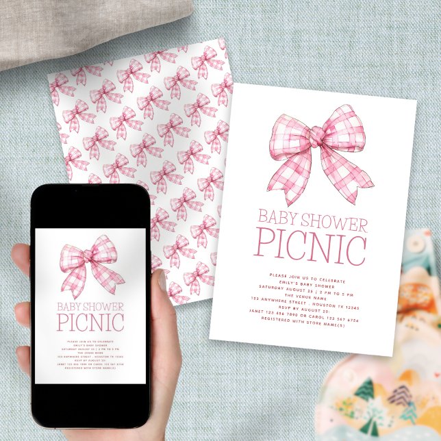 Pink Gingham Bow Baby Shower Picnic Invitation (Available digitally and printed)