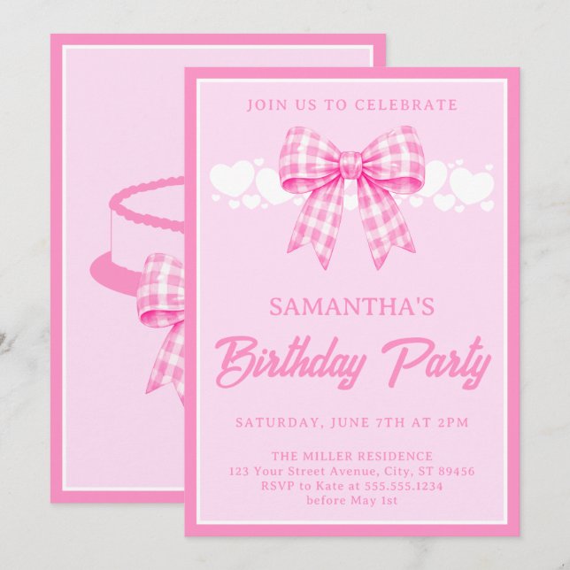 Pink Gingham Bow Birthday Party Invitation (Front/Back)