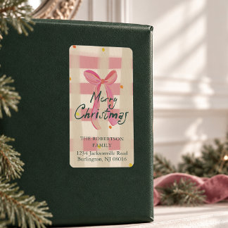 Pink Gingham Bow Christmas Return Address Label