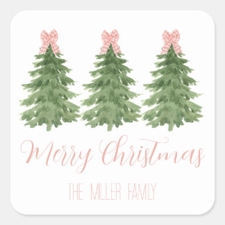 Pink Gingham Bow Christmas Tree Sticker Gift Tag