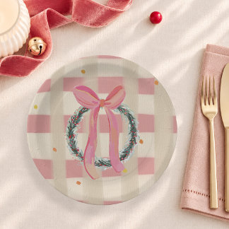 Pink Gingham Bow Christmas Wreath Paper Plate
