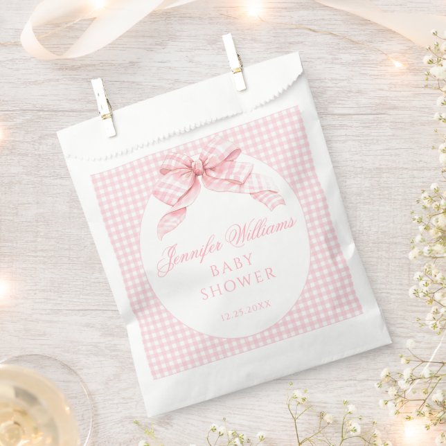 Pink Gingham Bow Coquette theme Baby Girl Shower Favour Bag (Clipped)