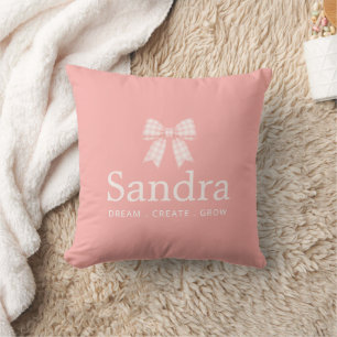 Pink Gingham Bow Custom Name Quote Cushion