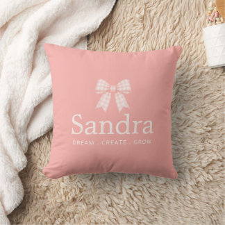Pink Gingham Bow Custom Name Quote Cushion