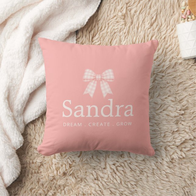 Pink Gingham Bow Custom Name Quote Cushion (Blanket)