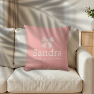 Pink Gingham Bow Custom Name Quote Cushion