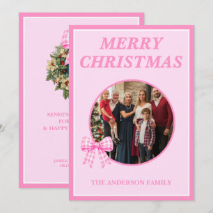 Pink Gingham Bow Family Photo Christmas Holiday Card