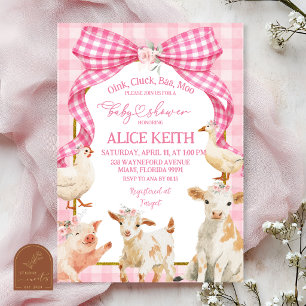 Pink Gingham Bow Farm Animal Baby shower Invitation