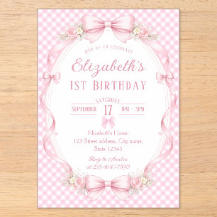 Pink Gingham Bow First Birthday Acrylic Invitations