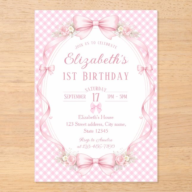 Pink Gingham Bow First Birthday Acrylic Invitations (Front)