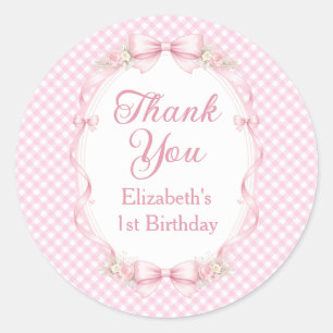Pink Gingham Bow First Birthday Thank You Sticker