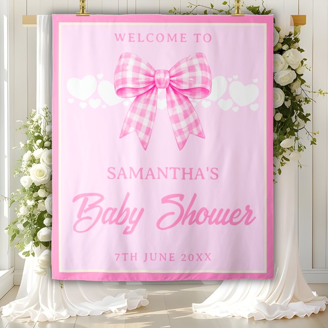 Pink Gingham Bow Girl Baby Shower Backdrop Tapestry (Creator Uploaded)