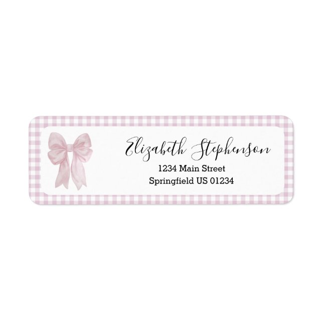 Pink Gingham Bow Girly Return Address Label (Front)