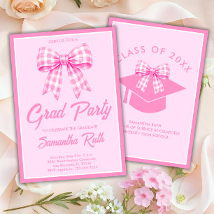 Pink Gingham Bow Graduation Party Invitation