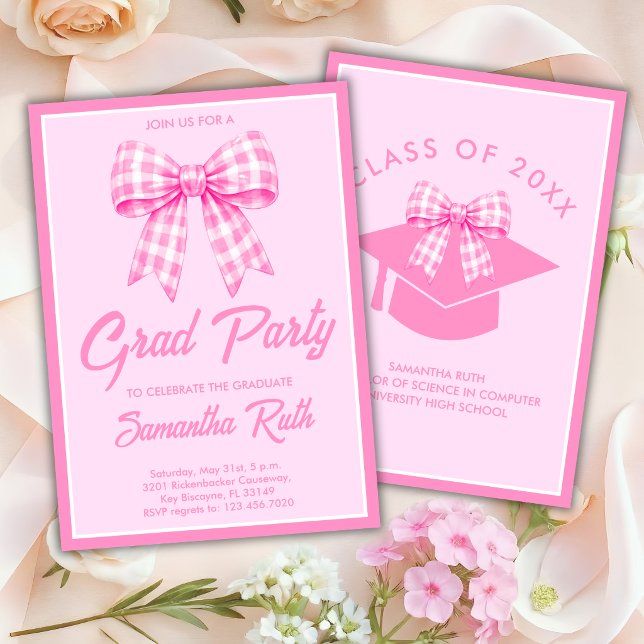 Pink Gingham Bow Graduation Party Invitation (Creator Uploaded)