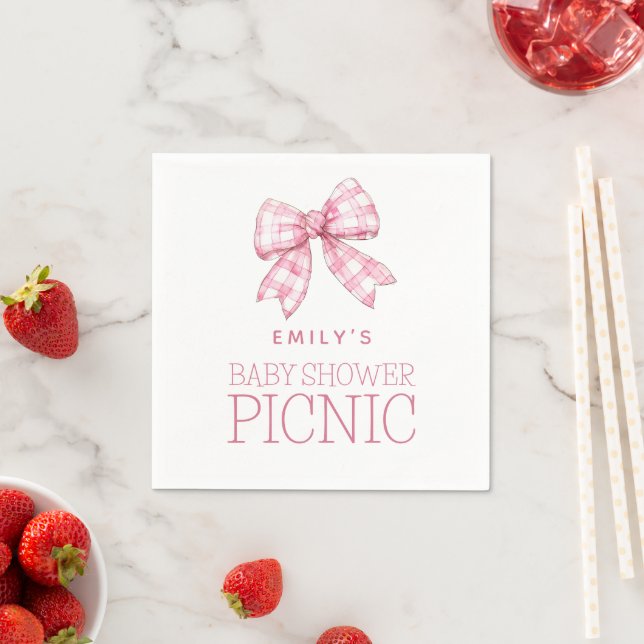 Pink Gingham Bow Name Baby Shower Picnic Napkin (Insitu)