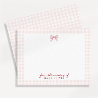 Pink Gingham Bow Nursery Note Card