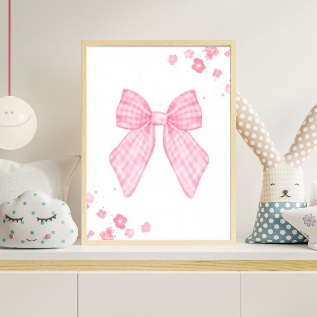 Pink Gingham Bow Nursery Wall Art Floral Baby Girl (Creator Uploaded)