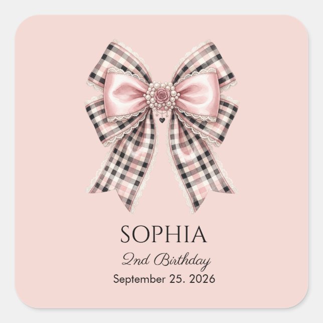 Pink Gingham Bow Personalised Name & Age Birthday Square Sticker (Front)