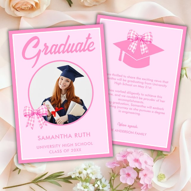 Pink Gingham Bow Photo Graduation Announcement (Creator Uploaded)