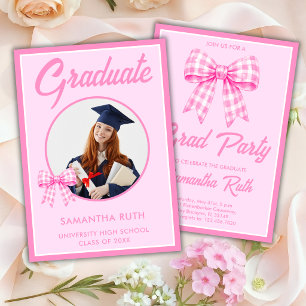 Pink Gingham Bow Photo Graduation Party Invitation