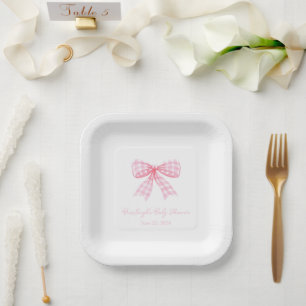Pink Gingham Bow Ribbon Coquette Personalised Paper Plate