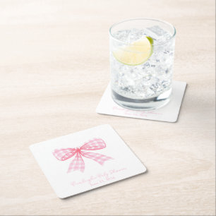 Pink Gingham Bow Ribbon Coquette Personalised Square Paper Coaster