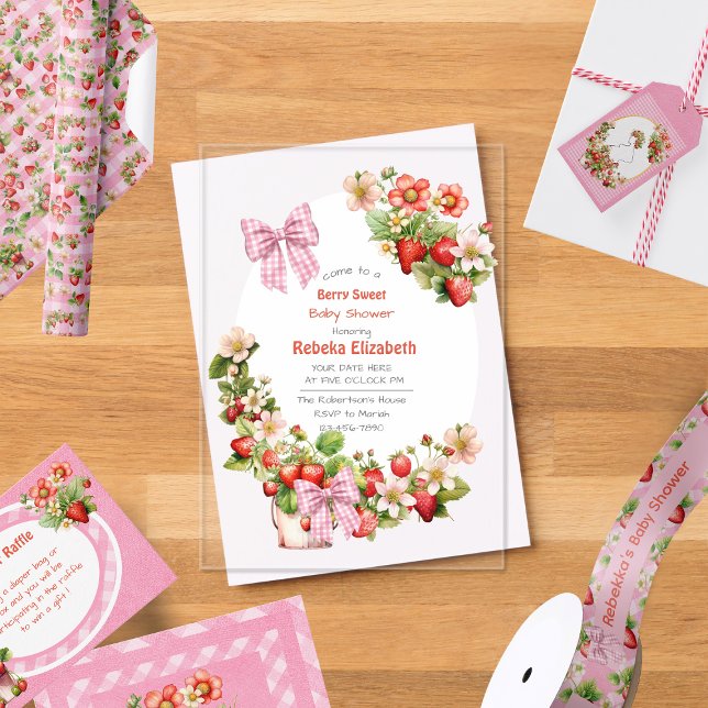  Pink Gingham Bow Strawbery Baby Shower Invitation (Creator Uploaded)