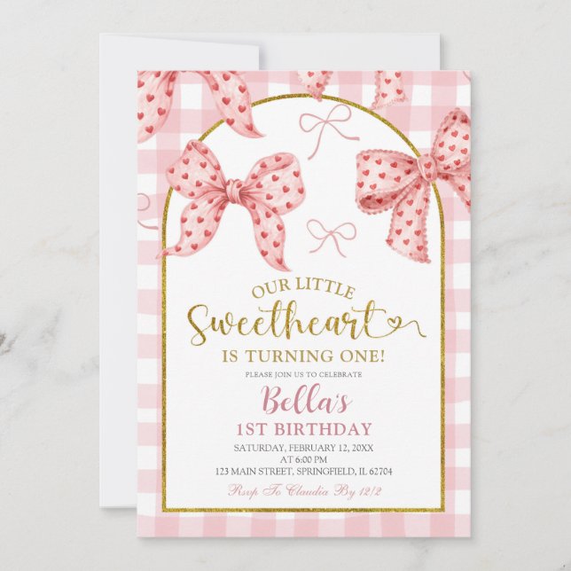 Pink Gingham Bow Sweetheart Birthday  Invitation (Front)