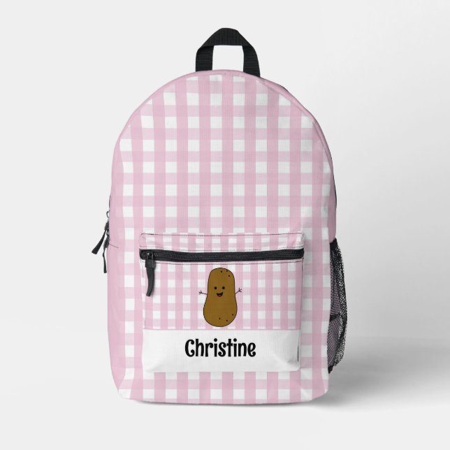 Pink Gingham Brown Potato Custom Printed Backpack (Front)