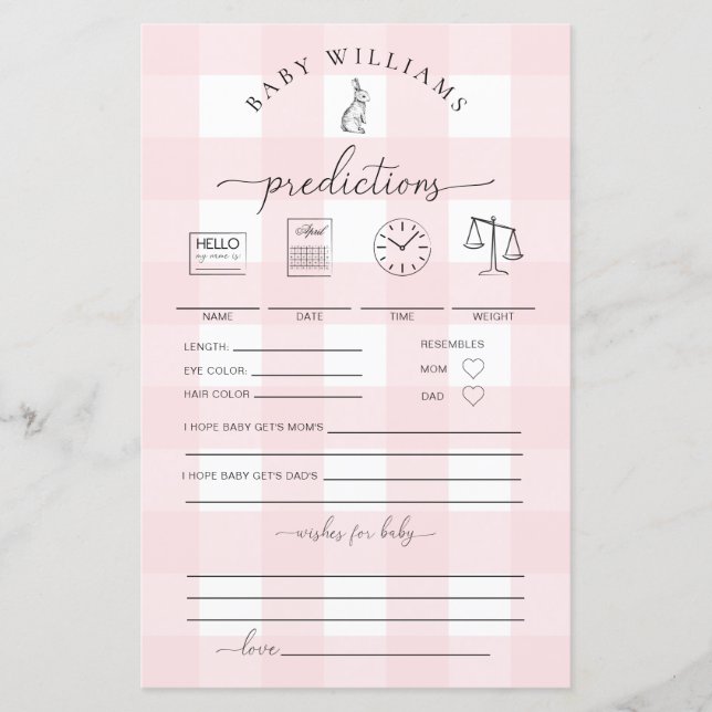 Pink Gingham Bunny Baby Predictions Game (Front)