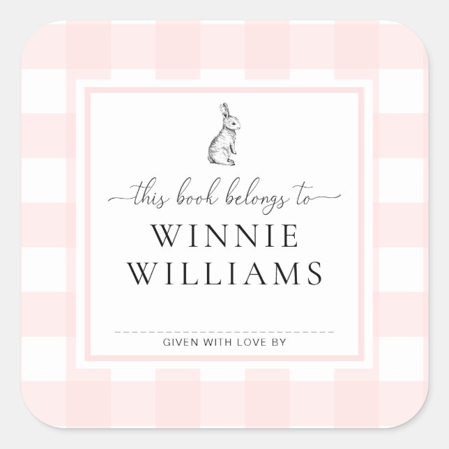 Pink Gingham Bunny Bookplate Sticker (Front)
