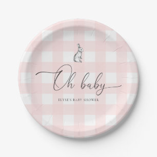 Pink Gingham Bunny Rabbit Baby Shower Paper Plate
