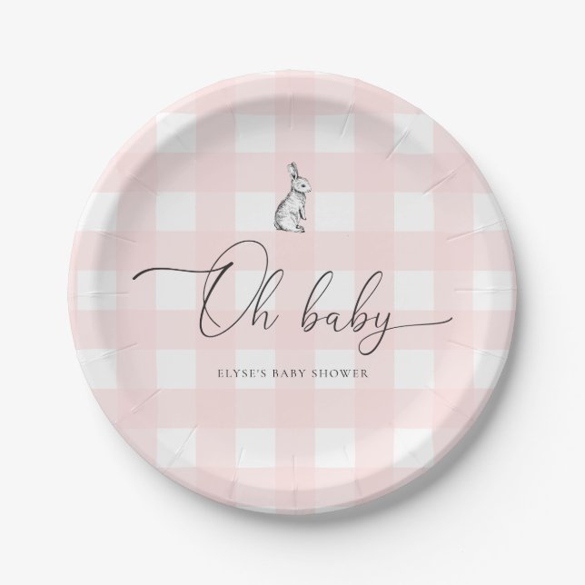 Pink Gingham Bunny Rabbit Baby Shower Paper Plate (Front)