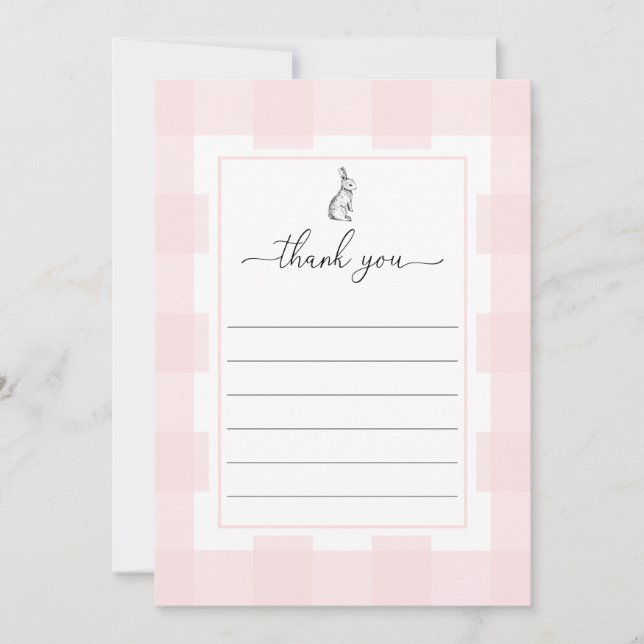 Pink Gingham Bunny Rabbit Flat Thank You Card (Front)