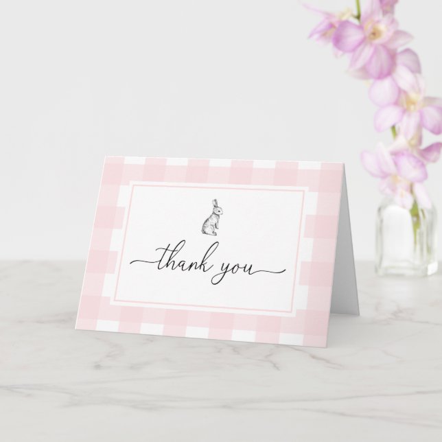 Pink Gingham Bunny Rabbit Folded Thank You Card (Orchid)