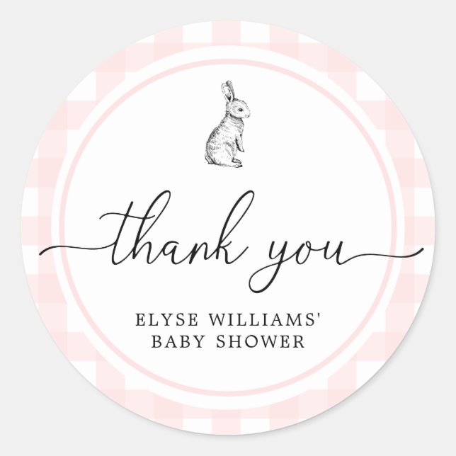 Pink Gingham Bunny Rabbit Shower Favour Sticker (Front)