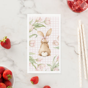 Pink Gingham Bunny Rabbit Tulips Floral  Napkin